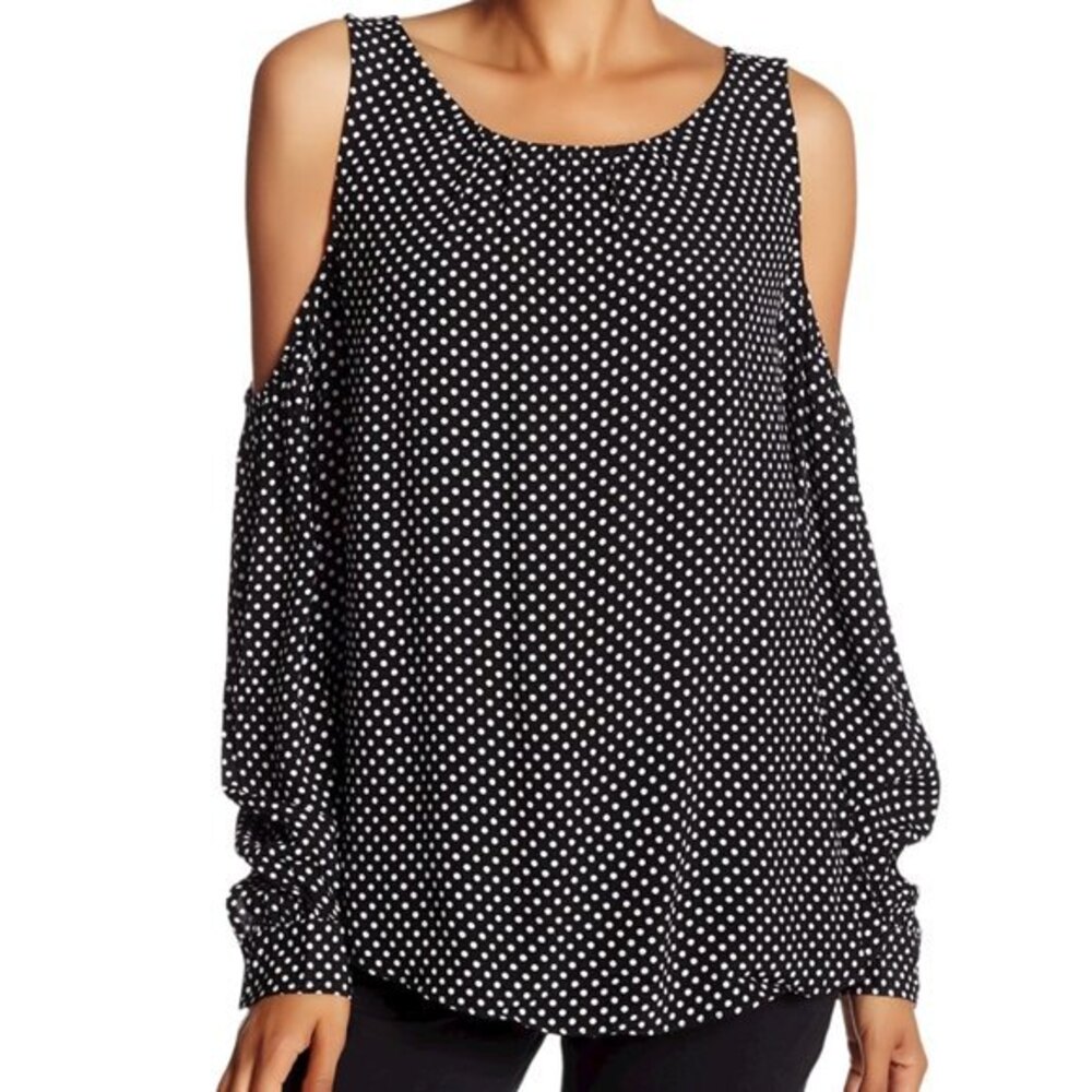 Philosophy Republic Black White Dot 100% Viscose LS Cold Shoulder Blouse Small